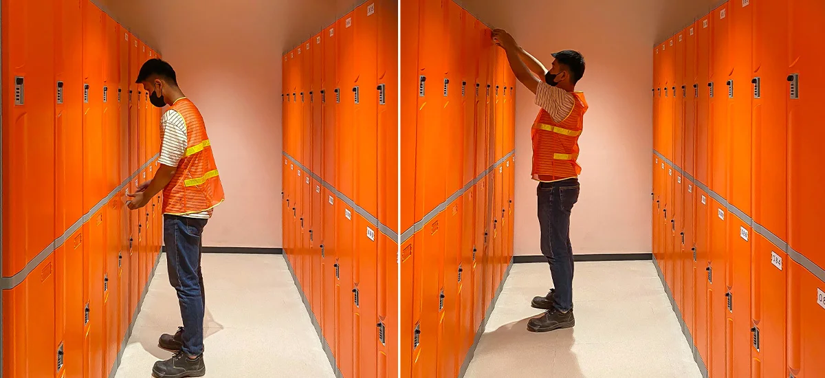 Nhân viên kỹ thuật đang lắp đặt tủ locker ABS dòng N kết hợp khóa số 3S tại lotte Hanoi