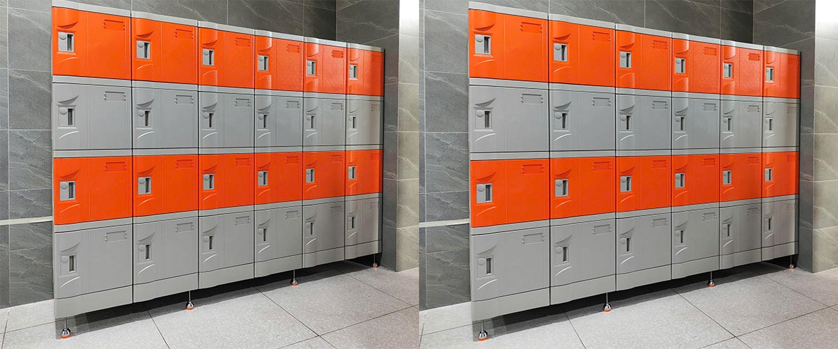 Tủ locker ABS dòng NS6 sử dụng tay nắm tiện lợi, lắp đặt tại khu vực hồ bơi Trường Quốc tế Nam Mỹ UTS.