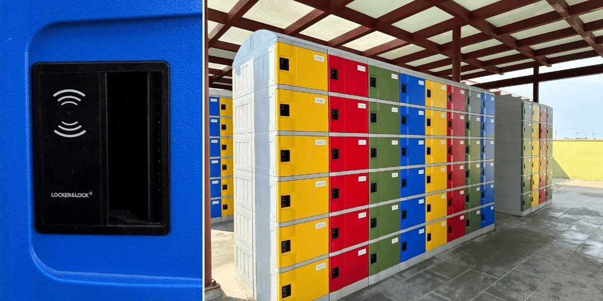 Cận cảnh khóa điện tử RF3000C lắp đặt trên tủ locker ABS. 