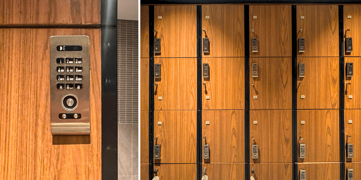 Khóa điện tử được lắp đặt trên tủ locker tại khu vực phòng gym.