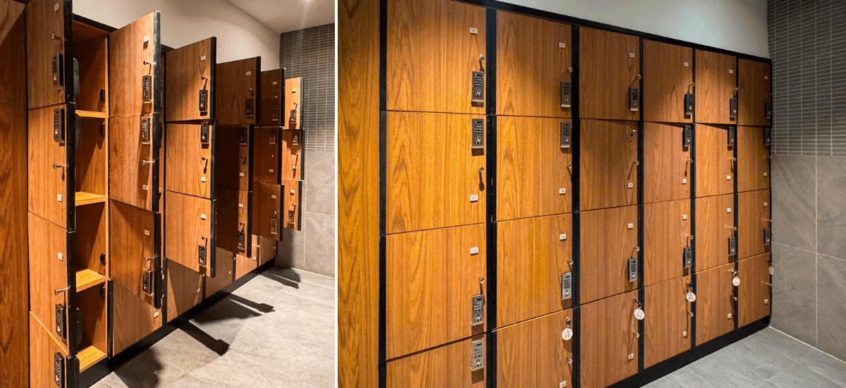 Hệ thống locker tại phòng thay đồ nam được bố trí đồng bộ nhằm đảm bảo an toàn cho tư trang cá nhân.