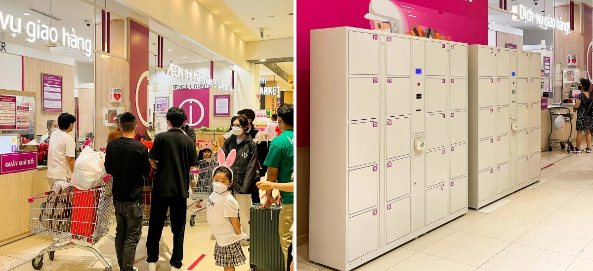Tủ Locker được bố trí ngay khu gửi đồ tại AEON Mall Tân Phú.