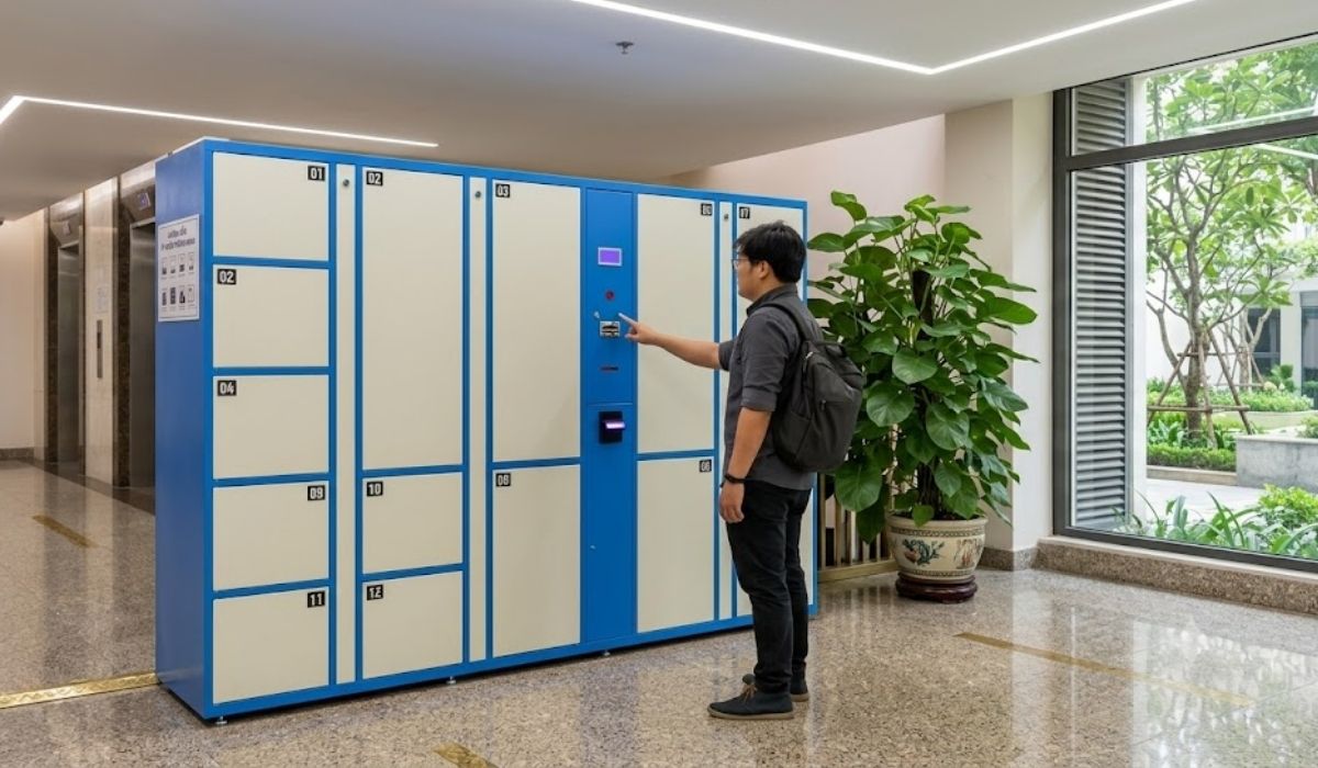 Khu vực tủ locker phục vụ nhu cầu lưu trữ đồ dùng