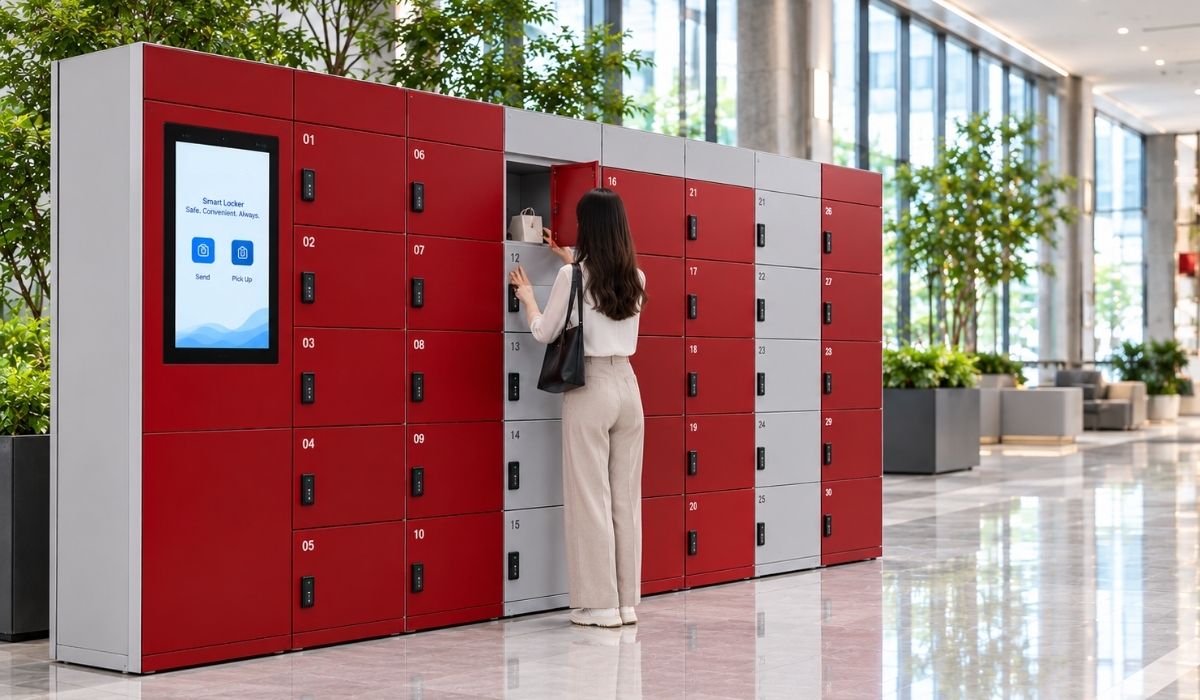 Hệ thống tủ locker tại khu vực gửi đồ của công trình